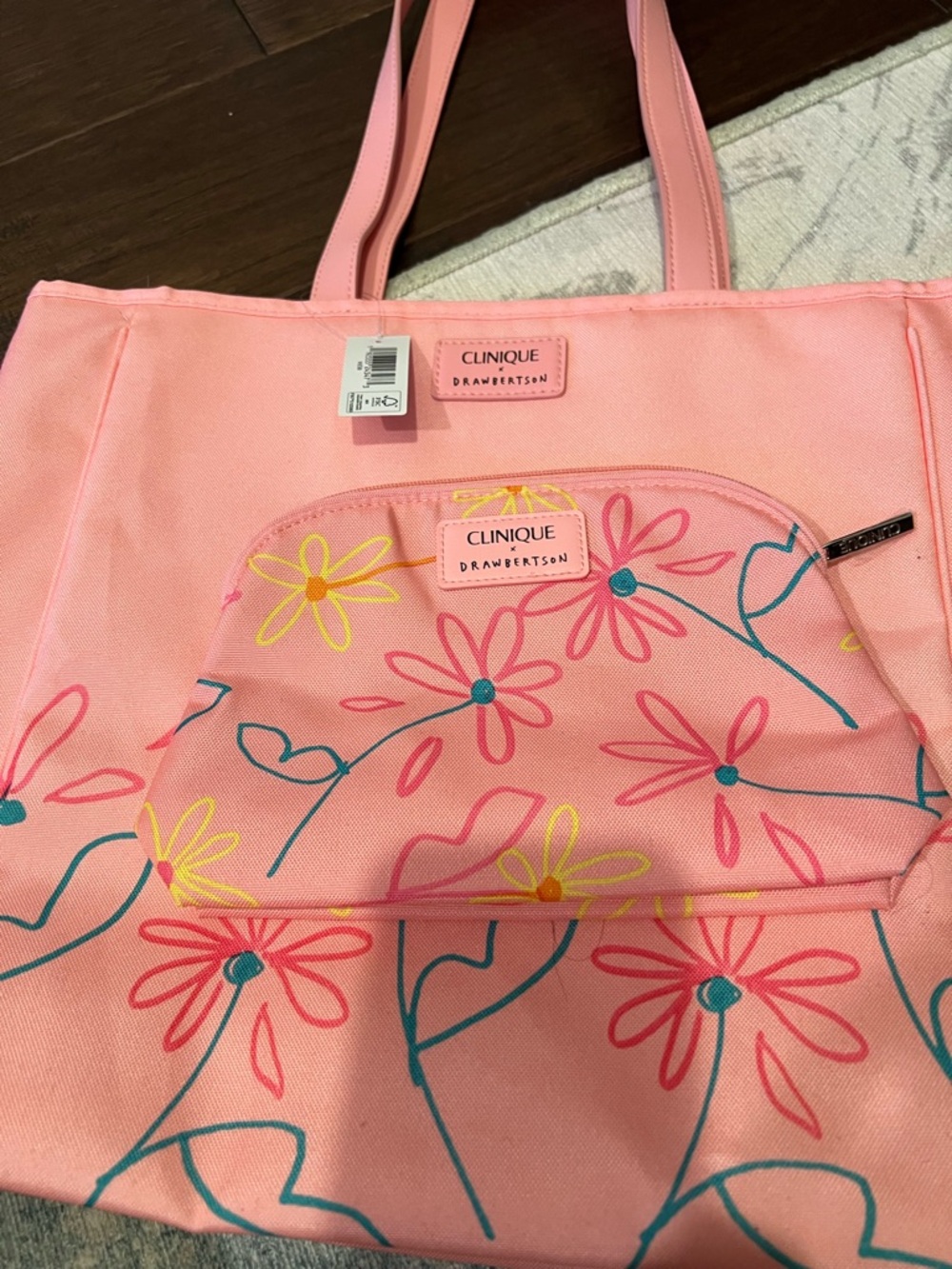 Clinique Pink Floral Canvas Tote with Teal & Yellow Accents and Make up bag